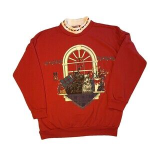 Vintage Women Act III Scottie Scottish Terriers Mock Collar Sweatshirt Red Med